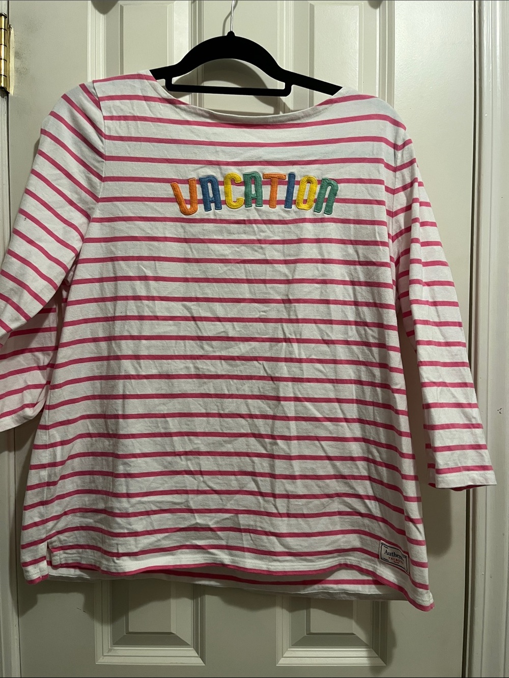 Talbots White and Pink Striped Long Sleeve Tee with Colorful VACATION Embroidery